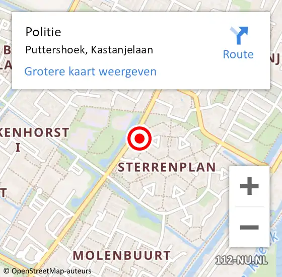 Locatie op kaart van de 112 melding: Politie Puttershoek, Kastanjelaan op 30 september 2022 12:07