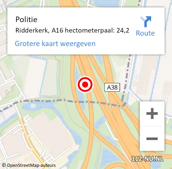 Locatie op kaart van de 112 melding: Politie Ridderkerk, A16 hectometerpaal: 24,2 op 26 april 2024 01:18