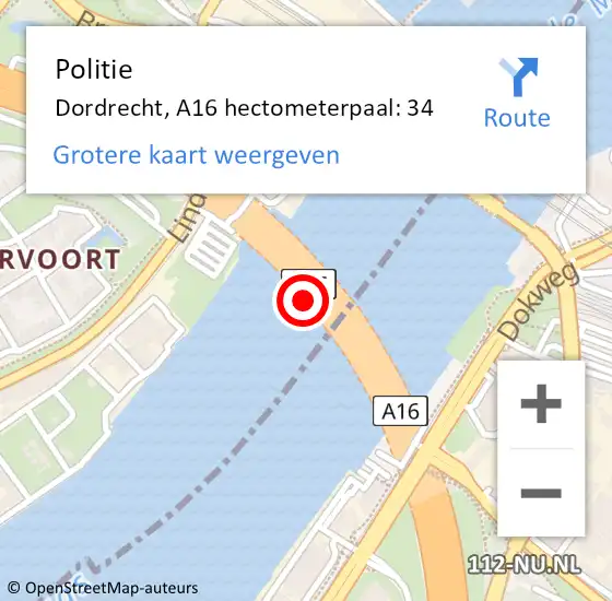 Locatie op kaart van de 112 melding: Politie Dordrecht, A16 hectometerpaal: 34 op 27 april 2024 14:50
