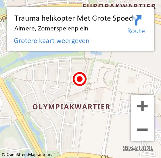 Locatie op kaart van de 112 melding: Trauma helikopter Met Grote Spoed Naar Almere, Zomerspelenplein op 27 april 2024 14:57