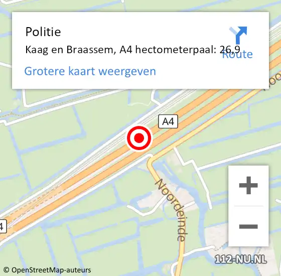 Locatie op kaart van de 112 melding: Politie Kaag en Braassem, A4 hectometerpaal: 26,9 op 27 april 2024 21:08