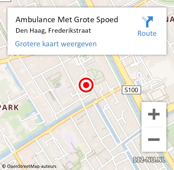 Locatie op kaart van de 112 melding: Ambulance Met Grote Spoed Naar Den Haag, Frederikstraat op 27 april 2024 21:22