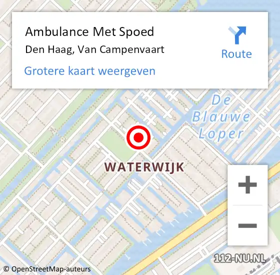 Locatie op kaart van de 112 melding: Ambulance Met Spoed Naar Den Haag, Van Campenvaart op 27 april 2024 22:08
