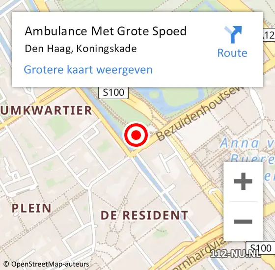 Locatie op kaart van de 112 melding: Ambulance Met Grote Spoed Naar Den Haag, Koningskade op 27 april 2024 22:23