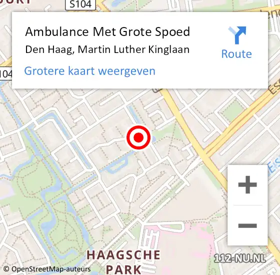 Locatie op kaart van de 112 melding: Ambulance Met Grote Spoed Naar Den Haag, Martin Luther Kinglaan op 27 april 2024 23:08