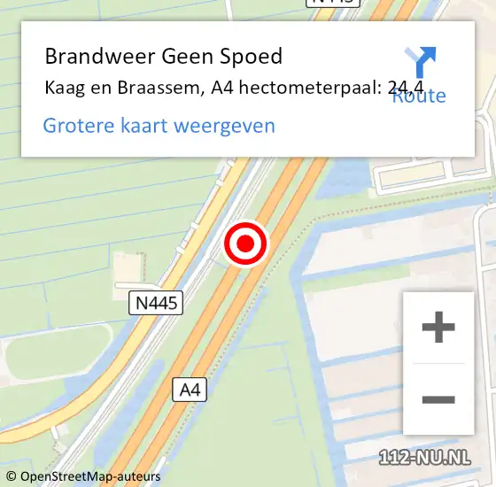 Locatie op kaart van de 112 melding: Brandweer Geen Spoed Naar Kaag en Braassem, A4 hectometerpaal: 24,4 op 28 april 2024 00:39