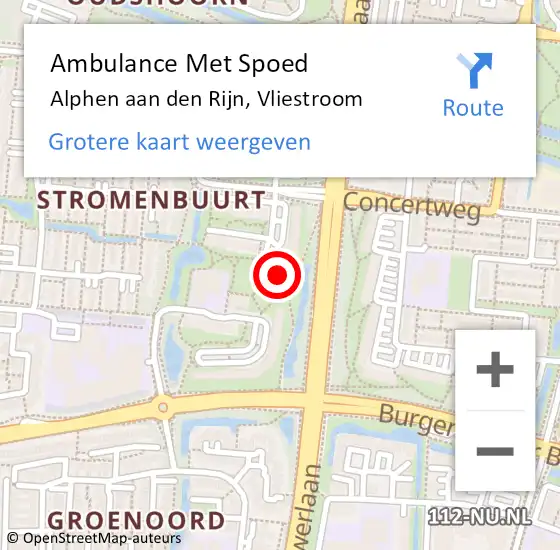 Locatie op kaart van de 112 melding: Ambulance Met Spoed Naar Alphen aan den Rijn, Vliestroom op 28 april 2024 00:56