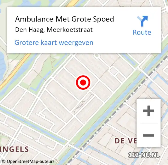 Locatie op kaart van de 112 melding: Ambulance Met Grote Spoed Naar Den Haag, Meerkoetstraat op 28 april 2024 00:58