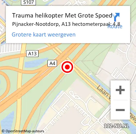 Locatie op kaart van de 112 melding: Trauma helikopter Met Grote Spoed Naar Pijnacker-Nootdorp, A13 hectometerpaal: 4,8 op 28 april 2024 01:37