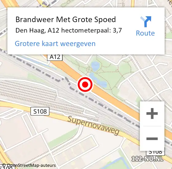 Locatie op kaart van de 112 melding: Brandweer Met Grote Spoed Naar Den Haag, A12 hectometerpaal: 3,7 op 28 april 2024 02:05