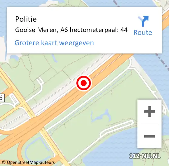 Locatie op kaart van de 112 melding: Politie Gooise Meren, A6 hectometerpaal: 44 op 28 april 2024 08:50