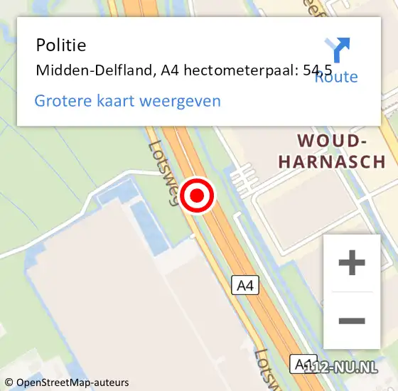 Locatie op kaart van de 112 melding: Politie Midden-Delfland, A4 hectometerpaal: 54,5 op 28 april 2024 09:04