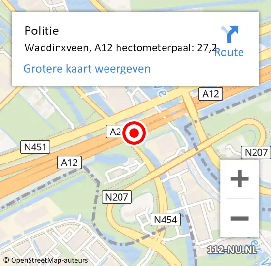 Locatie op kaart van de 112 melding: Politie Waddinxveen, A12 hectometerpaal: 27,2 op 28 april 2024 10:08