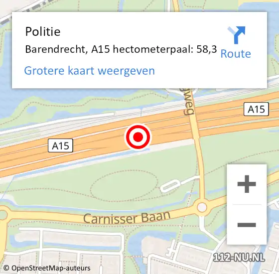 Locatie op kaart van de 112 melding: Politie Barendrecht, A15 hectometerpaal: 58,3 op 28 april 2024 10:27
