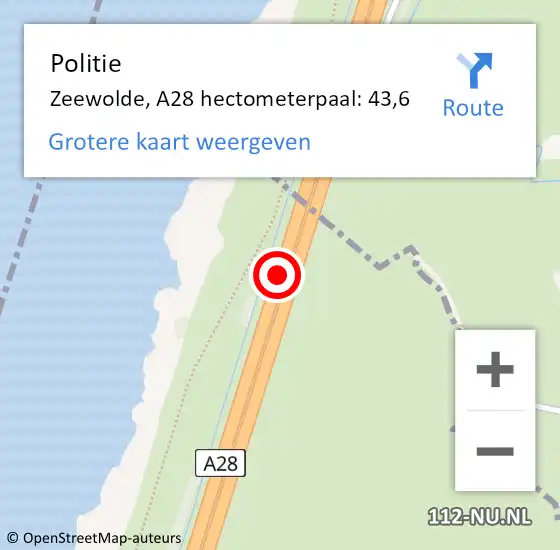 Locatie op kaart van de 112 melding: Politie Zeewolde, A28 hectometerpaal: 43,6 op 28 april 2024 17:03