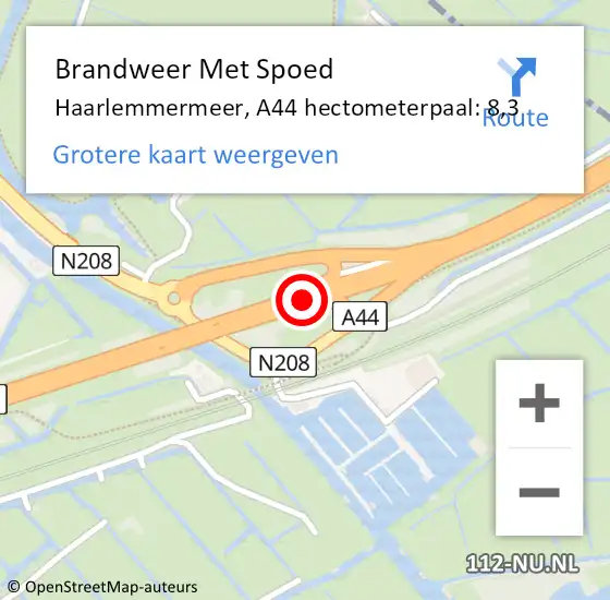 Locatie op kaart van de 112 melding: Brandweer Met Spoed Naar Haarlemmermeer, A44 hectometerpaal: 8,3 op 28 april 2024 17:57