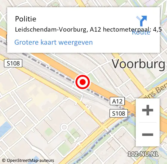 Locatie op kaart van de 112 melding: Politie Leidschendam-Voorburg, A12 hectometerpaal: 4,5 op 28 april 2024 19:53